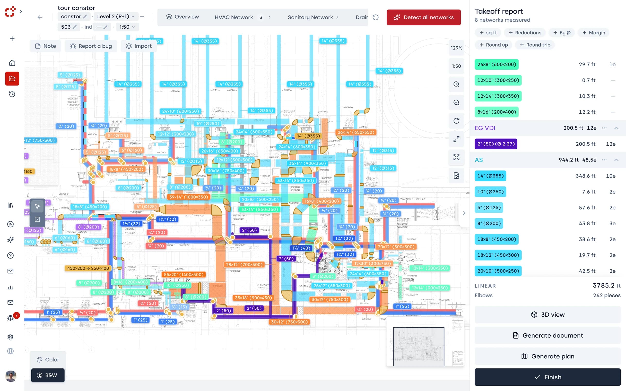 Preview of the Constor interface with the annotated plan and takeoff report