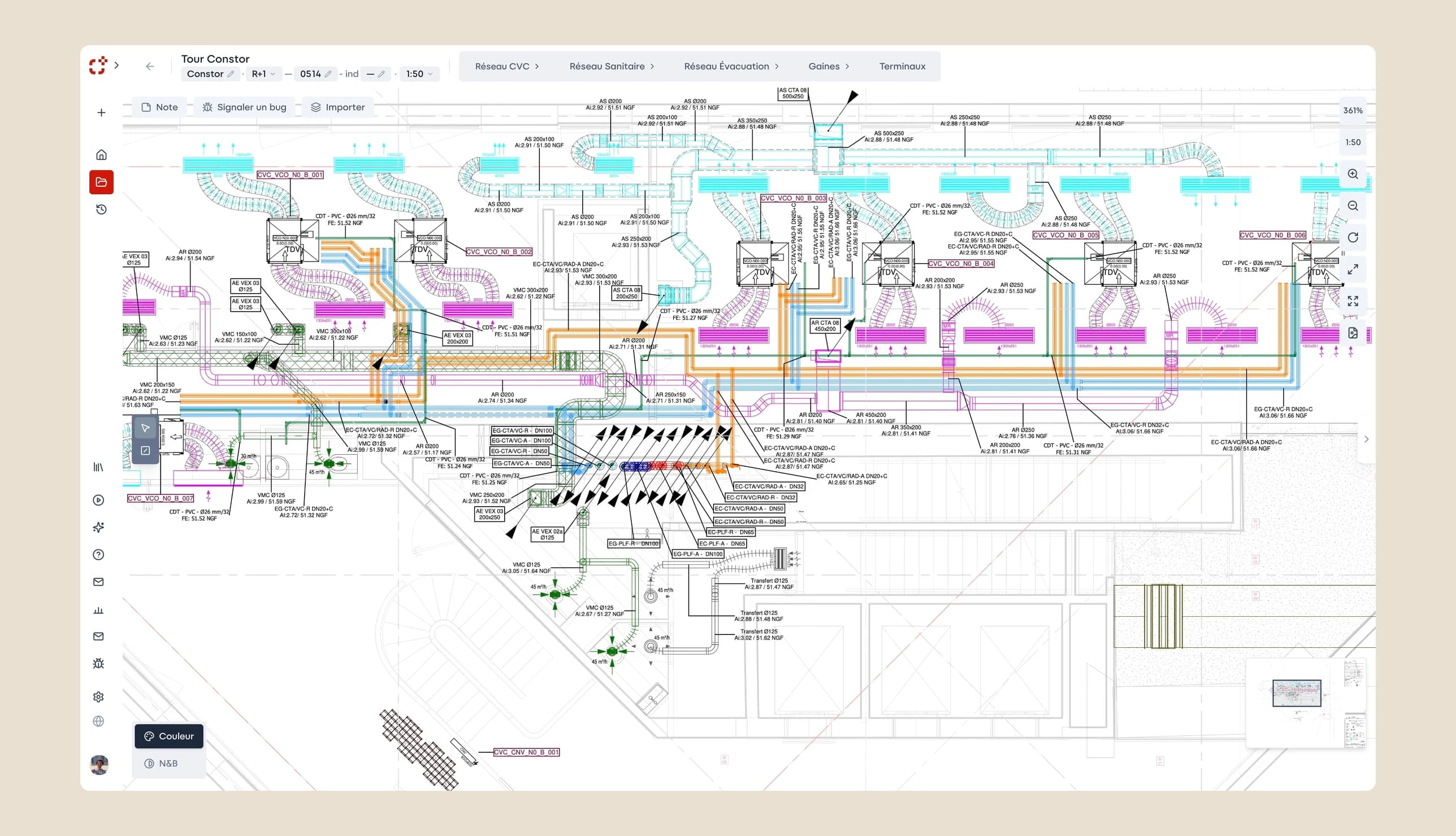 Aperçu de l'interface Constor avec le plan annoté et le rapport de métré