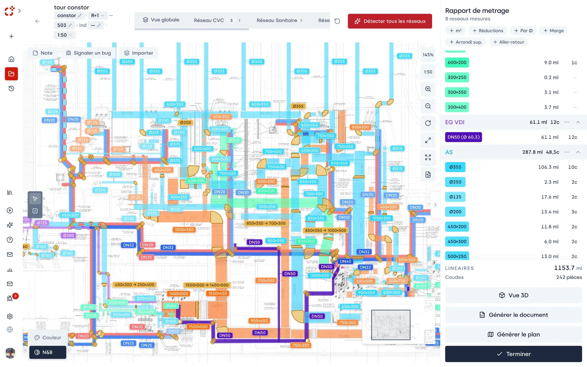Aperçu de l'interface Constor avec le plan annoté et le rapport de métré