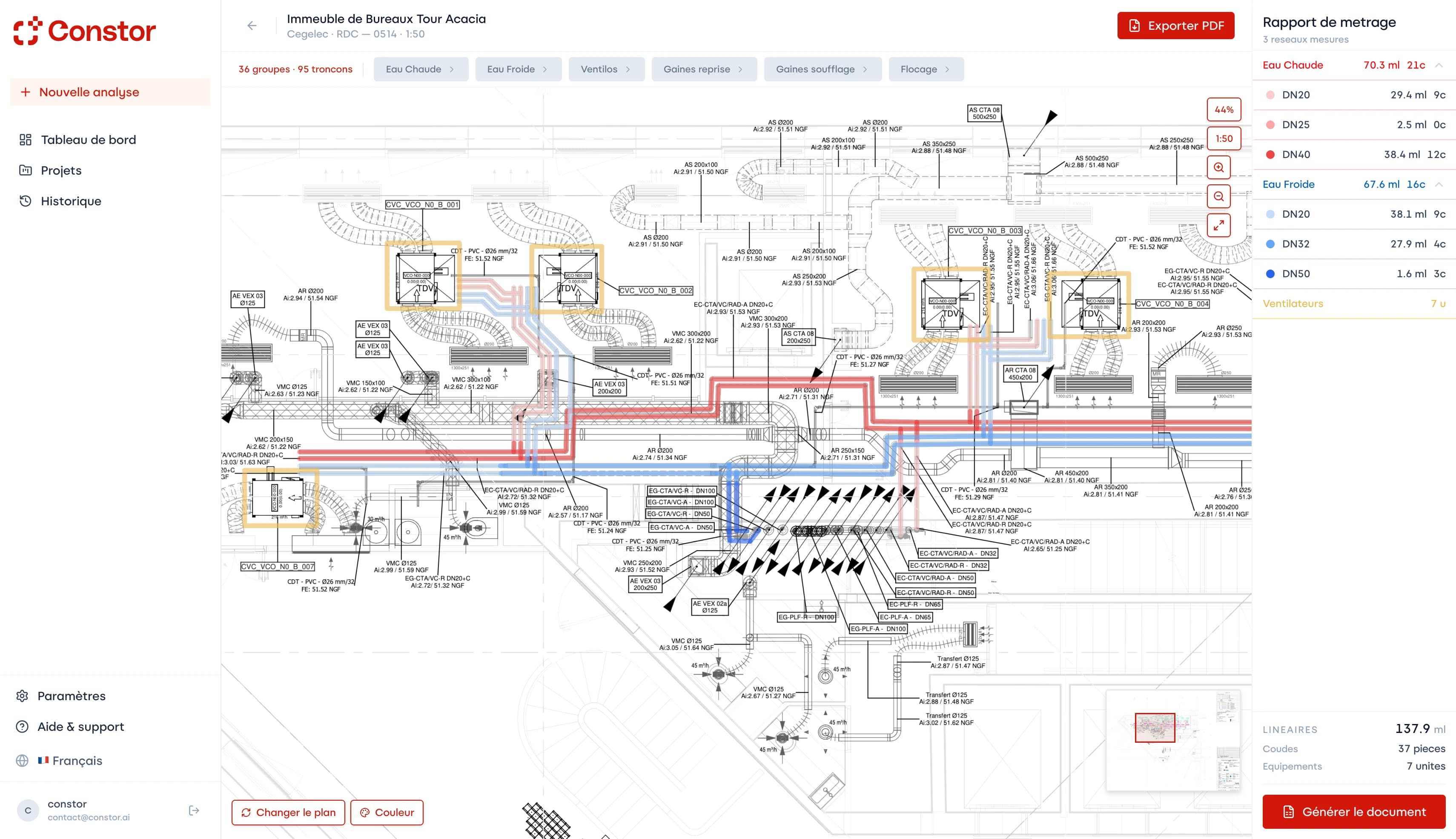 Aperçu de l'interface Constor avec le plan annoté et le rapport de métré