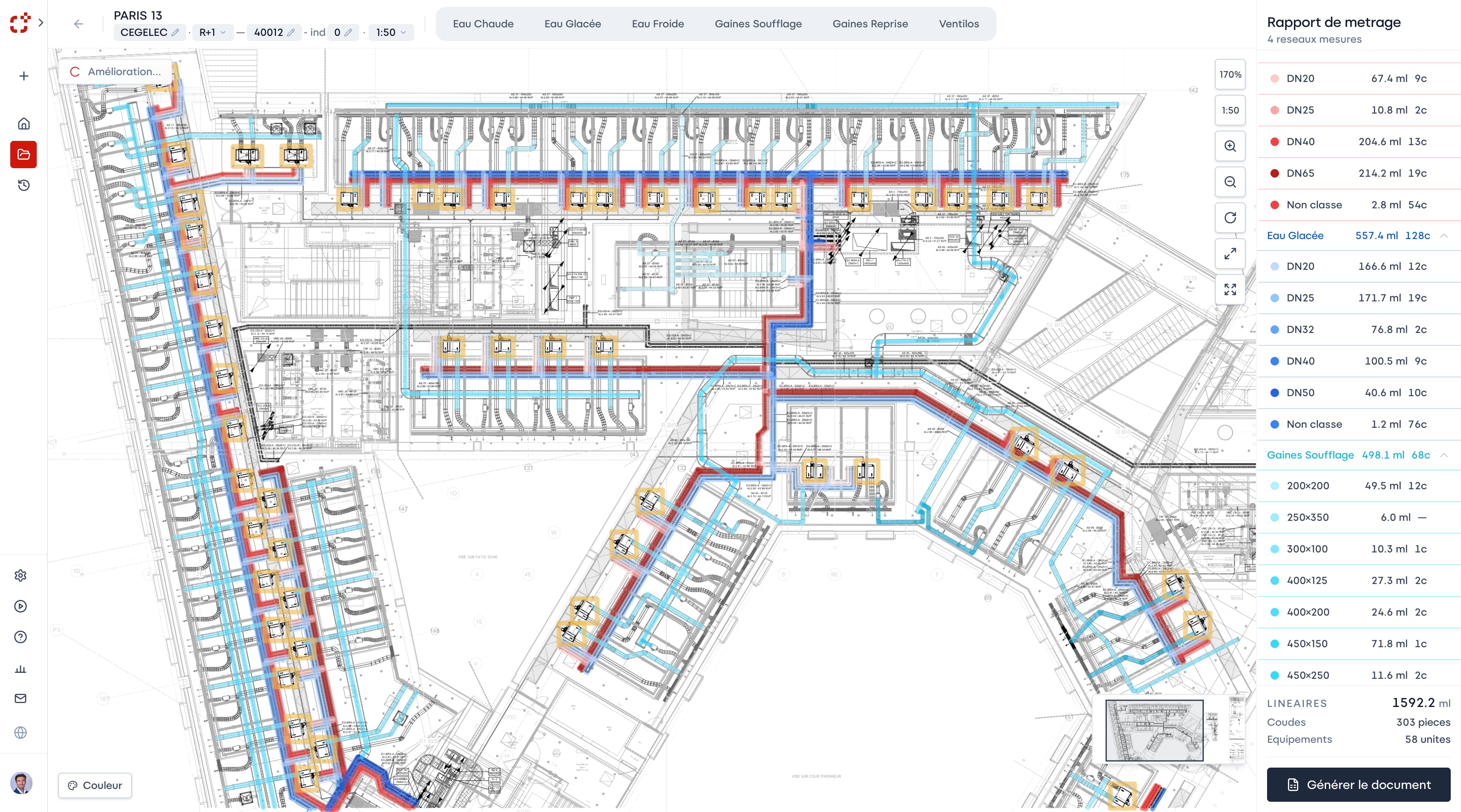 Aperçu de l'interface Constor avec le plan annoté et le rapport de métré